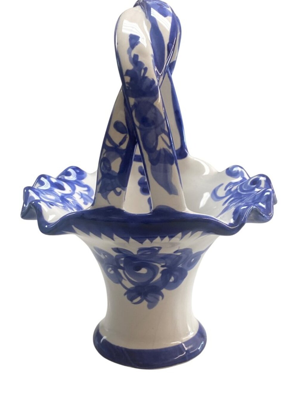 Hand-Painted Portuguese Ceramic Basket With Blue Floral Design - Picture 5 of 9